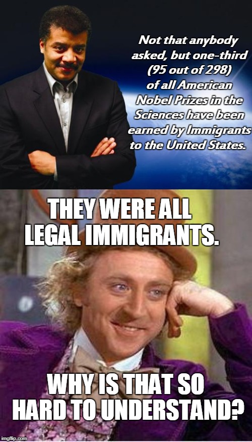 Some people just don't want to "understand."  | Not that anybody asked, but one-third (95 out of 298) of all American Nobel Prizes in the Sciences have been earned by Immigrants to the United States. THEY WERE ALL LEGAL IMMIGRANTS. WHY IS THAT SO HARD TO UNDERSTAND? | image tagged in neil degrasse tyson,willie wonka,illegal immigration,immigrants,know the difference,memes | made w/ Imgflip meme maker