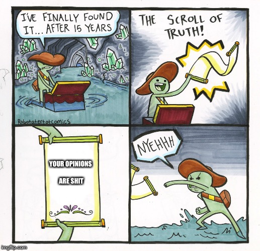 The Scroll Of Truth | YOUR OPINIONS ARE SHIT | image tagged in memes,the scroll of truth | made w/ Imgflip meme maker