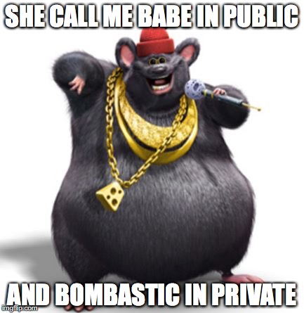 biggie cheese | SHE CALL ME BABE IN PUBLIC; AND BOMBASTIC IN PRIVATE | image tagged in biggie cheese,memes | made w/ Imgflip meme maker