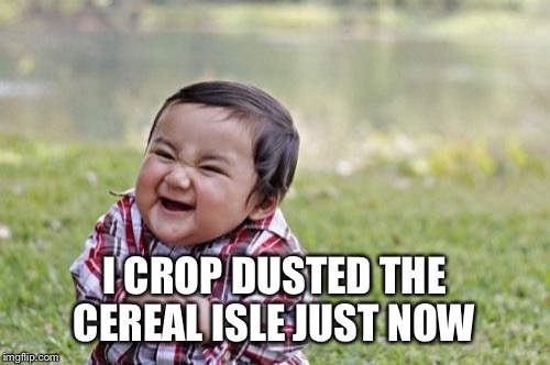 Evil Toddler Meme | I CROP DUSTED THE CEREAL ISLE JUST NOW | image tagged in memes,evil toddler | made w/ Imgflip meme maker