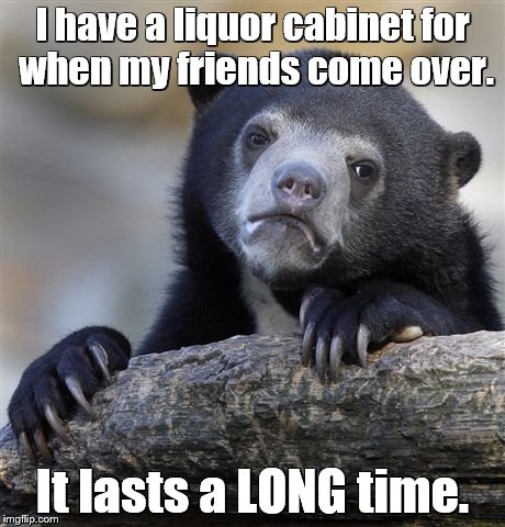 Confession Bear Meme | I have a liquor cabinet for when my friends come over. It lasts a LONG time. | image tagged in memes,confession bear | made w/ Imgflip meme maker