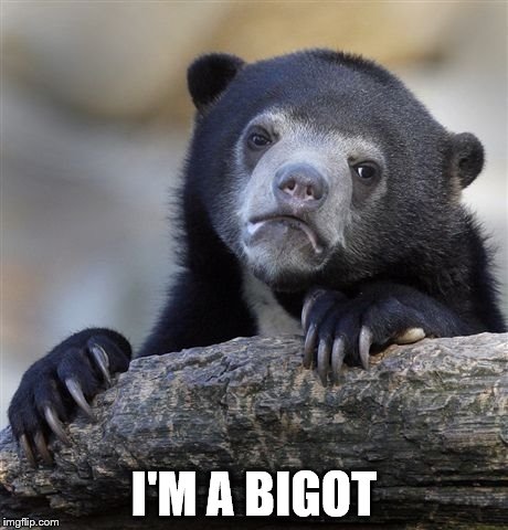Confession Bear Meme | I'M A BIGOT | image tagged in memes,confession bear | made w/ Imgflip meme maker