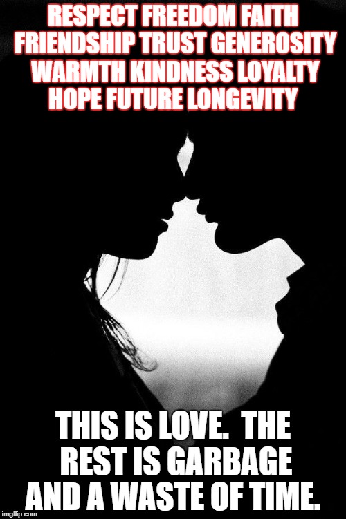 Love | RESPECT FREEDOM FAITH FRIENDSHIP TRUST GENEROSITY WARMTH KINDNESS LOYALTY HOPE FUTURE LONGEVITY; THIS IS LOVE.  THE REST IS GARBAGE AND A WASTE OF TIME. | image tagged in love | made w/ Imgflip meme maker