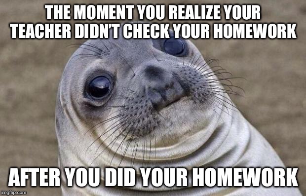 Awkward Moment Sealion | THE MOMENT YOU REALIZE YOUR TEACHER DIDN’T CHECK YOUR HOMEWORK; AFTER YOU DID YOUR HOMEWORK | image tagged in memes,awkward moment sealion | made w/ Imgflip meme maker