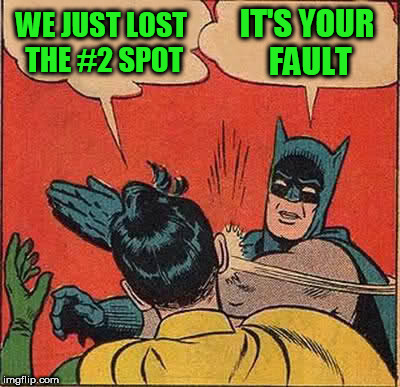 Batman Slapping Robin | WE JUST LOST THE #2 SPOT; IT'S YOUR FAULT | image tagged in memes,batman slapping robin | made w/ Imgflip meme maker