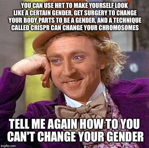 This whole"non-binary" thing makes no sense, but it is possible to change your gender.  | YOU CAN USE HRT TO MAKE YOURSELF LOOK LIKE A CERTAIN GENDER, GET SURGERY TO CHANGE YOUR BODY PARTS TO BE A GENDER, AND A TECHNIQUE CALLED CRISPR CAN CHANGE YOUR CHROMOSOMES; TELL ME AGAIN HOW TO YOU CAN'T CHANGE YOUR GENDER | image tagged in memes,creepy condescending wonka | made w/ Imgflip meme maker
