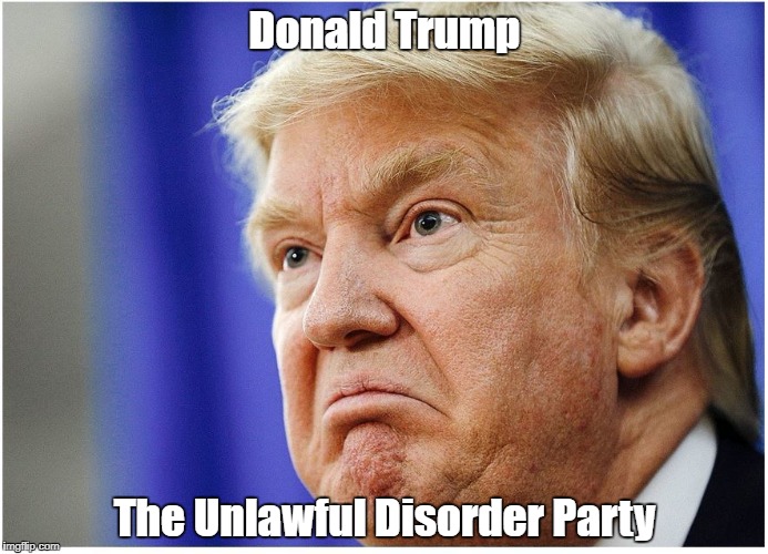 "The Unlawful Disorder Party" | Donald Trump The Unlawful Disorder Party | image tagged in deplorable donald,despicable donald,destestable donald,devious donald,dishonorable donald,deceitful donald | made w/ Imgflip meme maker