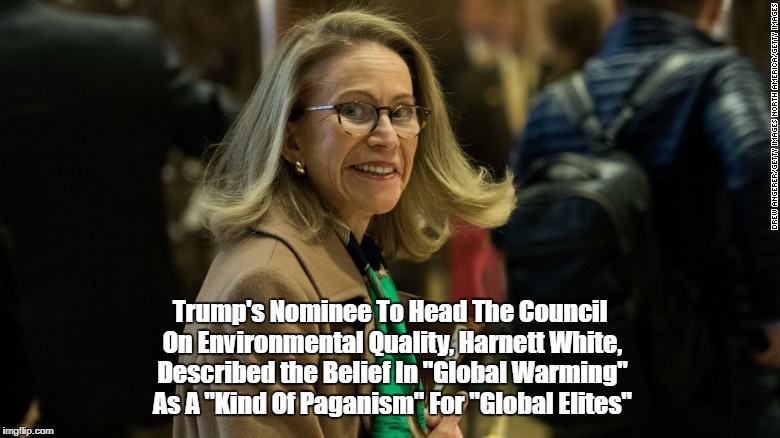 Trump Nominee To Head "Council On Environmental Quality" Describes "Global Warming" As A "Kind Of Paganism For Global Elites" | Trump's Nominee To Head The Council On Environmental Quality, Harnett White, Described the Belief In "Global Warming" As A "Kind Of Paganism" For "Global Elites" | image tagged in trump,harnett white,council on environmental quality | made w/ Imgflip meme maker