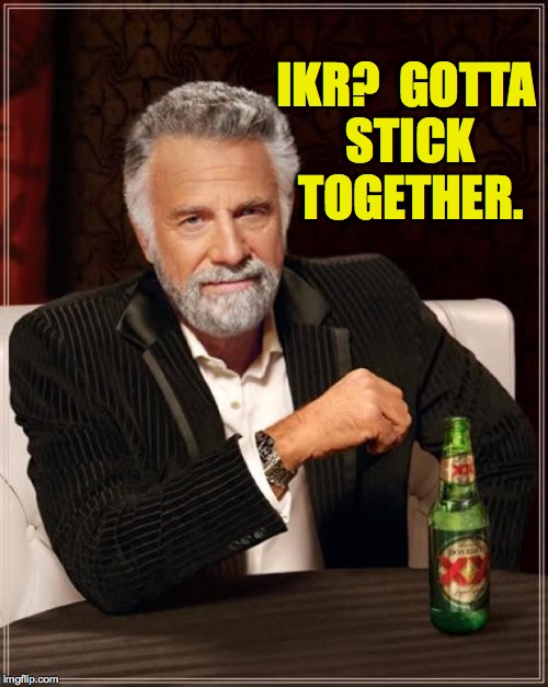 The Most Interesting Man In The World Meme | IKR?  GOTTA STICK TOGETHER. | image tagged in memes,the most interesting man in the world | made w/ Imgflip meme maker