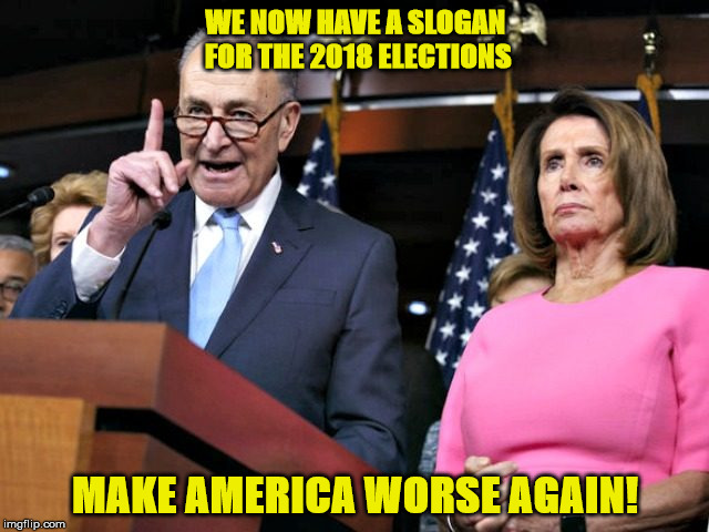 pelosi schumer | WE NOW HAVE A SLOGAN FOR THE 2018 ELECTIONS; MAKE AMERICA WORSE AGAIN! | image tagged in pelosi schumer | made w/ Imgflip meme maker