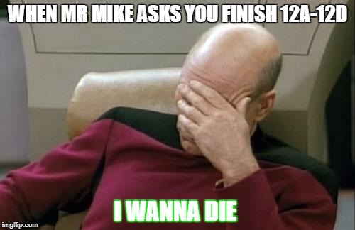 Captain Picard Facepalm Meme | WHEN MR MIKE ASKS YOU FINISH 12A-12D; I WANNA DIE | image tagged in memes,captain picard facepalm | made w/ Imgflip meme maker