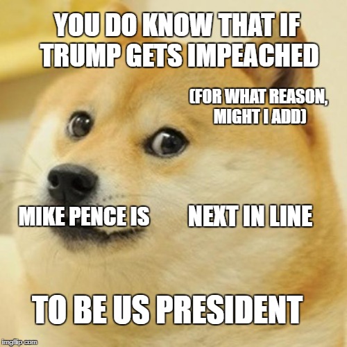 Doge Meme | YOU DO KNOW THAT IF TRUMP GETS IMPEACHED (FOR WHAT REASON, MIGHT I ADD) NEXT IN LINE MIKE PENCE IS TO BE US PRESIDENT | image tagged in memes,doge | made w/ Imgflip meme maker