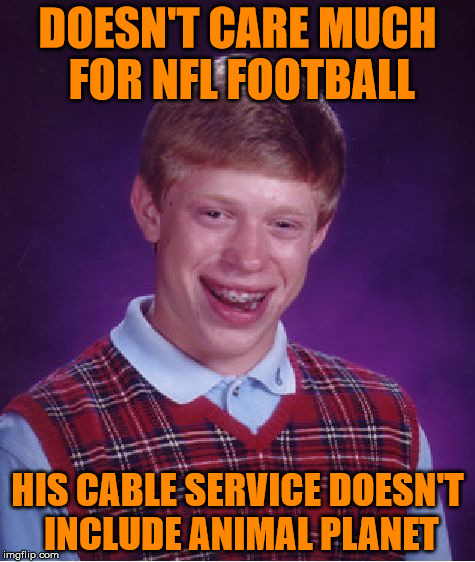 Is anyone going to Live Stream the Puppy Bowl tonight? | DOESN'T CARE MUCH FOR NFL FOOTBALL; HIS CABLE SERVICE DOESN'T INCLUDE ANIMAL PLANET | image tagged in bad luck brian,puppy bowl 2018,super bowl 2018 | made w/ Imgflip meme maker
