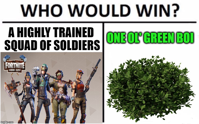 A HIGHLY TRAINED SQUAD OF SOLDIERS; ONE OL' GREEN BOI | image tagged in fortnite,bush,hiding | made w/ Imgflip meme maker