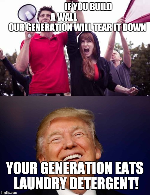 IF YOU BUILD    A WALL 
                  OUR GENERATION WILL TEAR IT DOWN; YOUR GENERATION EATS LAUNDRY DETERGENT! | image tagged in milennials,tide pods | made w/ Imgflip meme maker