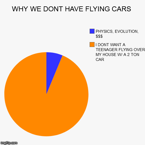 WHY WE DONT HAVE FLYING CARS | I DONT WANT A TEENAGER FLYING OVER MY HOUSE W/ A 2 TON CAR, PHYSICS, EVOLUTION, $$$ | image tagged in funny,pie charts | made w/ Imgflip chart maker