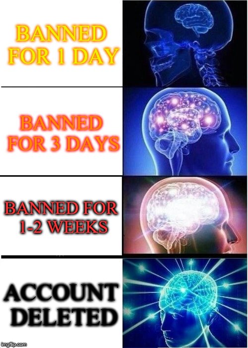 Typical ROBLOX Bans | BANNED FOR 1 DAY; BANNED FOR 3 DAYS; BANNED FOR 1-2 WEEKS; ACCOUNT DELETED | image tagged in memes,expanding brain,roblox,roblox ban | made w/ Imgflip meme maker