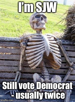 Waiting Skeleton Meme | I’m SJW Still vote Democrat - usually twice | image tagged in memes,waiting skeleton | made w/ Imgflip meme maker