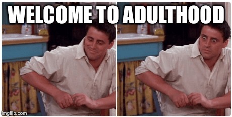 Joey from Friends |  WELCOME TO ADULTHOOD | image tagged in joey from friends | made w/ Imgflip meme maker