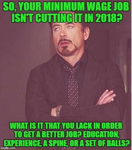 Face You Make Robert Downey Jr Meme | SO, YOUR MINIMUM WAGE JOB ISN'T CUTTING IT IN 2018? WHAT IS IT THAT YOU LACK IN ORDER TO GET A BETTER JOB? EDUCATION, EXPERIENCE, A SPINE, O | image tagged in memes,face you make robert downey jr | made w/ Imgflip meme maker