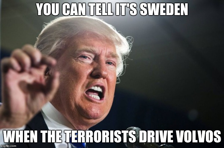 donald trump | YOU CAN TELL IT'S SWEDEN; WHEN THE TERRORISTS DRIVE VOLVOS | image tagged in donald trump | made w/ Imgflip meme maker