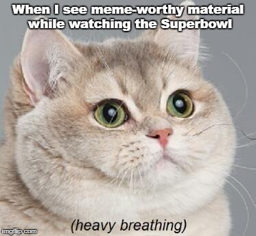 To be honest I just watch it for the commercials | When I see meme-worthy material while watching the Superbowl | image tagged in memes,heavy breathing cat,funny,superbowl | made w/ Imgflip meme maker