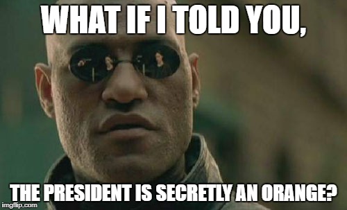 Welp saw the talk Donald Trump made, so why not? | WHAT IF I TOLD YOU, THE PRESIDENT IS SECRETLY AN ORANGE? | image tagged in memes,matrix morpheus,orange,donald trump,conspiracy | made w/ Imgflip meme maker