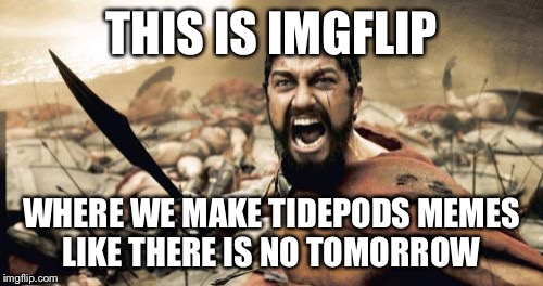 Sparta Leonidas | THIS IS IMGFLIP; WHERE WE MAKE TIDEPODS MEMES LIKE THERE IS NO TOMORROW | image tagged in memes,sparta leonidas | made w/ Imgflip meme maker