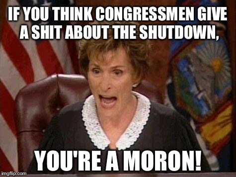 Government beatdown | IF YOU THINK CONGRESSMEN GIVE A SHIT ABOUT THE SHUTDOWN, YOU'RE A MORON! | image tagged in judge judy,government shutdown,memes,politicians suck,money money,stupid | made w/ Imgflip meme maker
