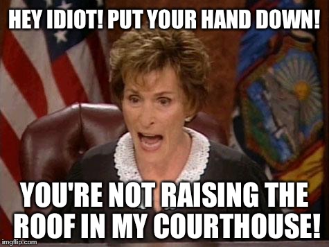 Raising the roof is a bad idea in Judge Judy's courthouse | HEY IDIOT! PUT YOUR HAND DOWN! YOU'RE NOT RAISING THE ROOF IN MY COURTHOUSE! | image tagged in judge judy,raise,hand,memes,down,idiot | made w/ Imgflip meme maker