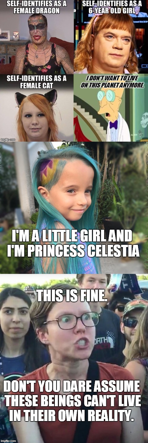 They tell me that my beliefs don't line up with reality yet they approve of this... | I'M A LITTLE GIRL AND I'M PRINCESS CELESTIA; THIS IS FINE. DON'T YOU DARE ASSUME THESE BEINGS CAN'T LIVE IN THEIR OWN REALITY. | image tagged in self identify,triggered,princess celestia,religion,reality,memes | made w/ Imgflip meme maker