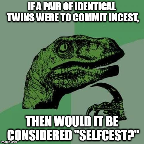 Selfcest? | IF A PAIR OF IDENTICAL TWINS WERE TO COMMIT INCEST, THEN WOULD IT BE CONSIDERED "SELFCEST?" | image tagged in memes,philosoraptor,incest,selfcest | made w/ Imgflip meme maker