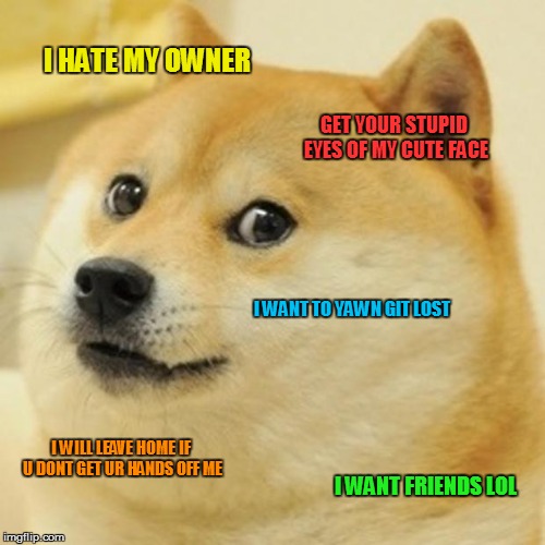 Doge Meme | I HATE MY OWNER; GET YOUR STUPID EYES OF MY CUTE FACE; I WANT TO YAWN GIT LOST; I WILL LEAVE HOME IF U DONT GET UR HANDS OFF ME; I WANT FRIENDS LOL | image tagged in memes,doge | made w/ Imgflip meme maker