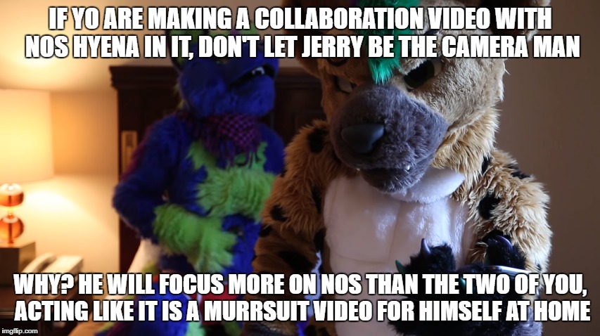 camrea man psa | IF YO ARE MAKING A COLLABORATION VIDEO WITH NOS HYENA IN IT, DON'T LET JERRY BE THE CAMERA MAN; WHY? HE WILL FOCUS MORE ON NOS THAN THE TWO OF YOU, ACTING LIKE IT IS A MURRSUIT VIDEO FOR HIMSELF AT HOME | image tagged in jerry,furry | made w/ Imgflip meme maker
