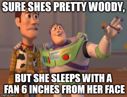 big, metal, swamp buggy looking fan. says its her "SLEEPING" fan. | SURE SHES PRETTY WOODY, BUT SHE SLEEPS WITH A FAN 6 INCHES FROM HER FACE | image tagged in memes,x x everywhere | made w/ Imgflip meme maker