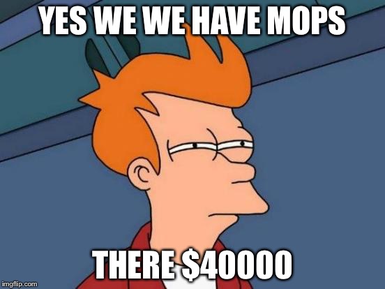 Futurama Fry Meme | YES WE WE HAVE MOPS; THERE $40000 | image tagged in memes,futurama fry | made w/ Imgflip meme maker
