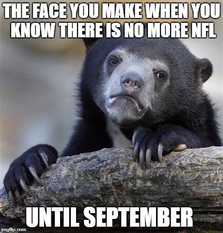 How NFL fans are feeling right now | THE FACE YOU MAKE WHEN YOU KNOW THERE IS NO MORE NFL; UNTIL SEPTEMBER | image tagged in memes,confession bear,nfl,nfl memes | made w/ Imgflip meme maker