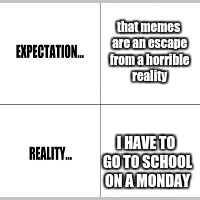 Expectation vs Reality | that memes are an escape from a horrible reality; I HAVE TO GO TO SCHOOL ON A MONDAY | image tagged in expectation vs reality | made w/ Imgflip meme maker