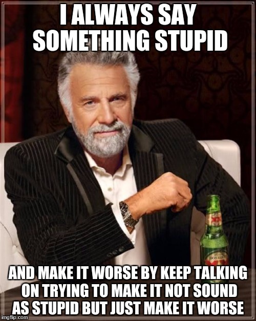 The Most Interesting Man In The World | I ALWAYS SAY SOMETHING STUPID; AND MAKE IT WORSE BY KEEP TALKING ON TRYING TO MAKE IT NOT SOUND AS STUPID BUT JUST MAKE IT WORSE | image tagged in memes,the most interesting man in the world | made w/ Imgflip meme maker