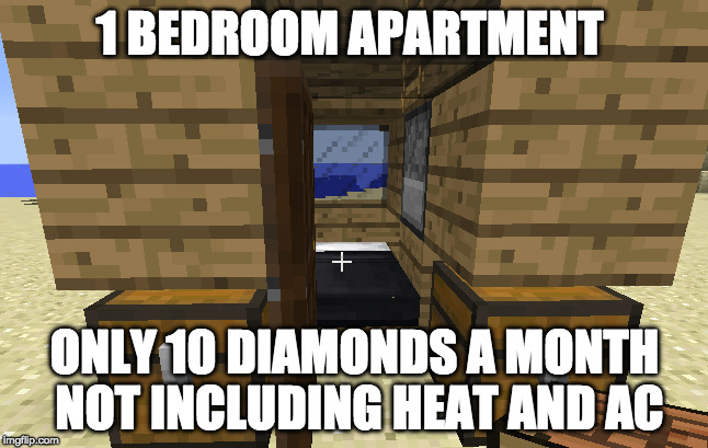 Minecraft hut | 1 BEDROOM APARTMENT; ONLY 10 DIAMONDS A MONTH NOT INCLUDING HEAT AND AC | image tagged in memes,funny | made w/ Imgflip meme maker