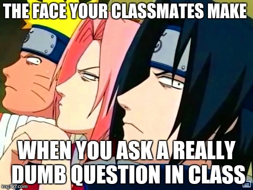 naruto memes | THE FACE YOUR CLASSMATES MAKE; WHEN YOU ASK A REALLY DUMB QUESTION IN CLASS | image tagged in naruto memes | made w/ Imgflip meme maker