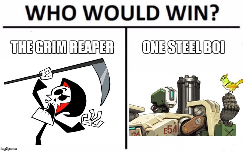 one omnic boi | THE GRIM REAPER; ONE STEEL BOI | image tagged in bastion,reaper,overwatch - reaper,reaper overwatch,overwatch,overwatch memes | made w/ Imgflip meme maker