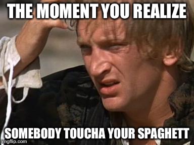 THE MOMENT YOU REALIZE; SOMEBODY TOUCHA YOUR SPAGHETT | image tagged in spaghett | made w/ Imgflip meme maker