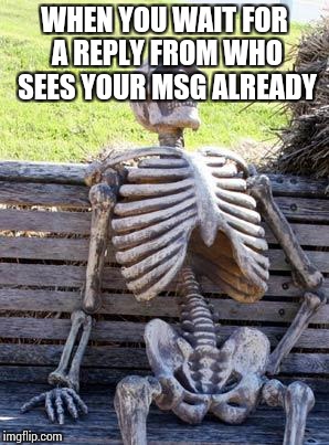 Waiting Skeleton | WHEN YOU WAIT FOR A REPLY FROM WHO SEES YOUR MSG ALREADY | image tagged in memes,waiting skeleton | made w/ Imgflip meme maker