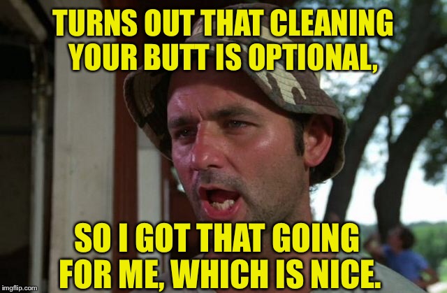 TURNS OUT THAT CLEANING YOUR BUTT IS OPTIONAL, SO I GOT THAT GOING FOR ME, WHICH IS NICE. | made w/ Imgflip meme maker