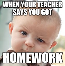 Skeptical Baby | WHEN YOUR TEACHER SAYS YOU GOT; HOMEWORK | image tagged in memes,skeptical baby | made w/ Imgflip meme maker