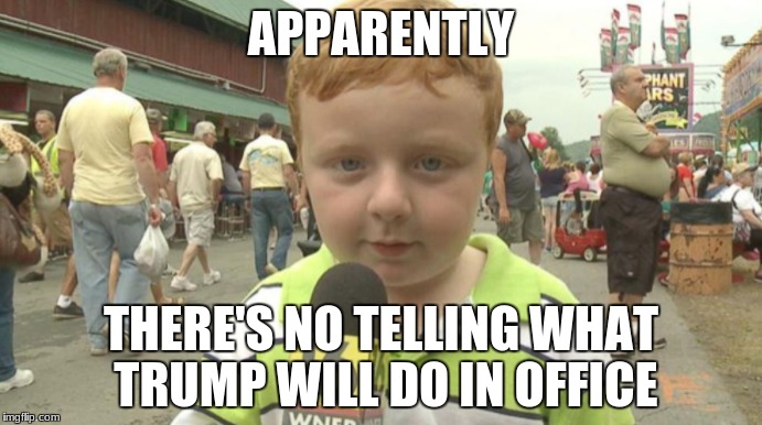 Apparently There's No Telling | APPARENTLY; THERE'S NO TELLING WHAT TRUMP WILL DO IN OFFICE | image tagged in apparently kid | made w/ Imgflip meme maker