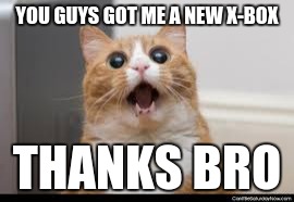 WOW CAT! 2 | YOU GUYS GOT ME A NEW X-BOX; THANKS BRO | image tagged in wow cat 2 | made w/ Imgflip meme maker