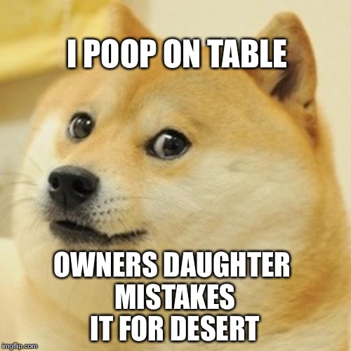 Doge Meme | I POOP ON TABLE; OWNERS DAUGHTER MISTAKES IT FOR DESERT | image tagged in memes,doge | made w/ Imgflip meme maker