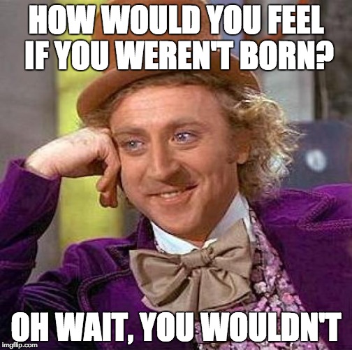 Creepy Condescending Wonka | HOW WOULD YOU FEEL IF YOU WEREN'T BORN? OH WAIT, YOU WOULDN'T | image tagged in memes,creepy condescending wonka | made w/ Imgflip meme maker